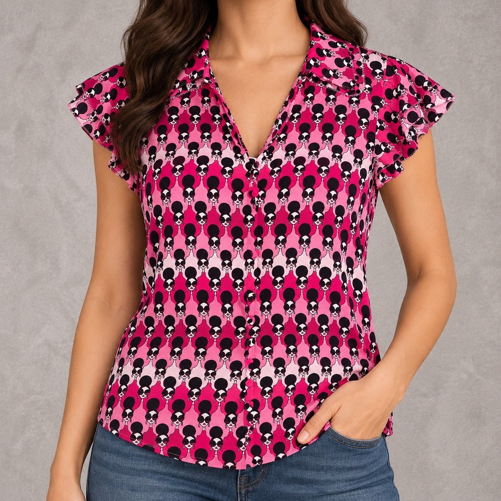 Alice + Olivia Stace Face Blouse Womens Small Pink Silk Ruffle Sleeve Whimsigoth